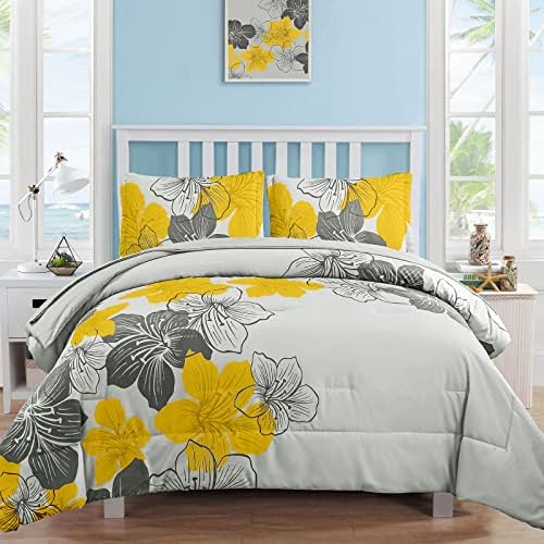 Yellow Comforter Set Queen, 7 Pieces Yellow Floral on Gray Bed in a Bag