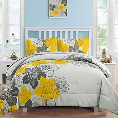Yellow King Size Comforter Set, 7 Pieces Yellow Floral on Gray Bed in a Bag