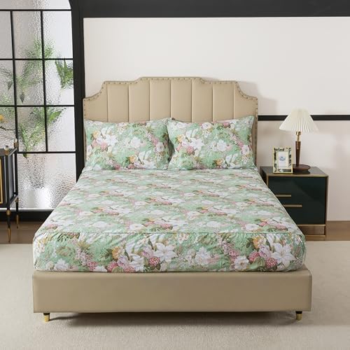 FADFAY California King 100% Cotton Bed Sheets Mint Green Floral Sheet Set Lily Flower Printed Colorful Countryside Bedding Set Hydrangea Super Soft DeepPocket Sheet 17.5 inch, 4 Pcs, Cal King