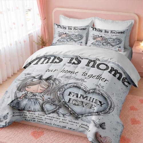 CCoutueChen Princess Comforter Set King Size, Shabby Chic Bedding with Silver Glitter Girl Butterfly Hearts Bedroom Decor, 3 Pcs 2 Pillowcases, 104"x90"