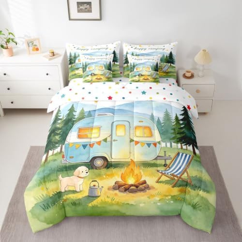 Erosebridal Happy Camping King Comforter Set with Sheets 7 piece Camper Bed in A Bag Travel Trailer RV Adventure Tent Bedding Sets for Kids Adults,Rustic Tree Mountain Bed Set