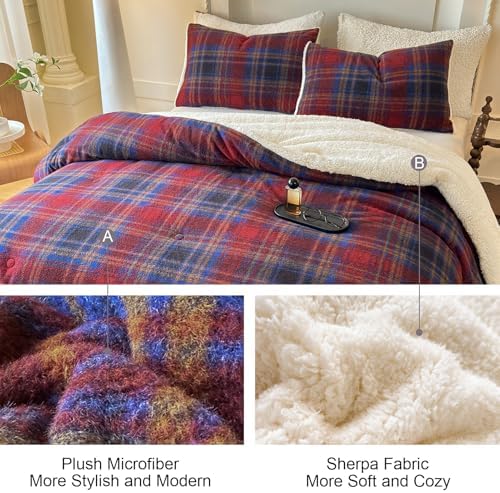Cyusri Plaid Sherpa Comforter Set 2Pcs Fluffy Warm Fleece Down Alternative, Red Blue Grid Pattern Bedding Set with 1 Pillowcase, Twin Size 68"x90"