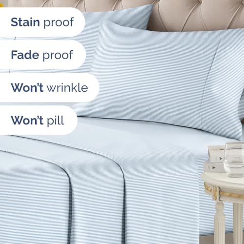 Cal King 4 Piece Striped Sheet Set - Soft & Cooling - Sky Blue Pinstripe