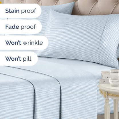Cal King 4 Piece Striped Sheet Set - Soft & Cooling - Sky Blue Pinstripe