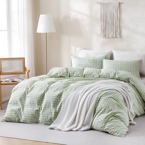 TOCOMOA Plaid Duvet Cover Set 100% Washed Cotton Like Linen, Queen