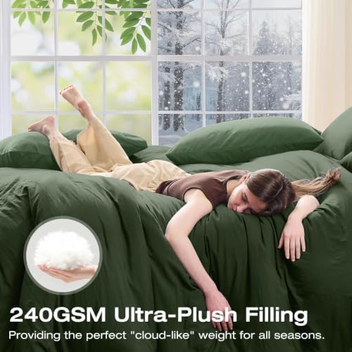 Sasttie Queen Comforter Set 7-Piece Dark Green, Pre-Washed Bed in a Bag