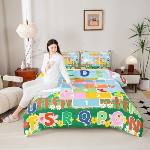 jejeloiu Number Learning Kids Comforter Set Queen Size Alphabet ABC Bedding Set Colorful Educational Duvet Quilt for Kids Boys Girls Bedroom Decor Microfiber Ultra Soft Breathable