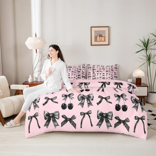 Black Cherry Bow Bed in a Bag King Size Comforter Set 7-Piece, Cute Silk Ribbon Bowknot Bedding Sets Princess Bow Tie Comforter and Sheet Set, Dreamy Kawaii Room Decor Light Pink Room Decor Aesthetic