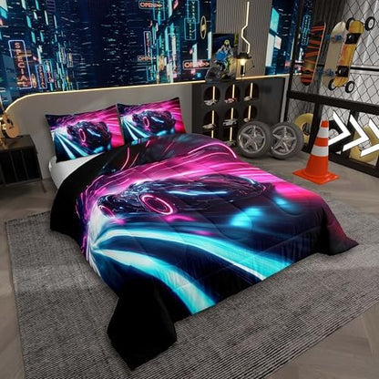 Sports Cars Boys Toddler Bedding Set,Neon Light Cars Comforter Set Race Car Room Decor for Boys Kids Teens,Pink Blue Art Geometric Line Stripes Quilt,Kids Sci-Fi Cool Speed Racing Car Down Comforter
