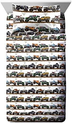 Jay franco Monster Jam Tracks 4 Piece Twin Bed Set - Includes Comforter & Sheet Set - Bedding Features Grave Digger & Megalodon - Super Soft Fade Resistant Microfiber (Official Monster Jam Product)