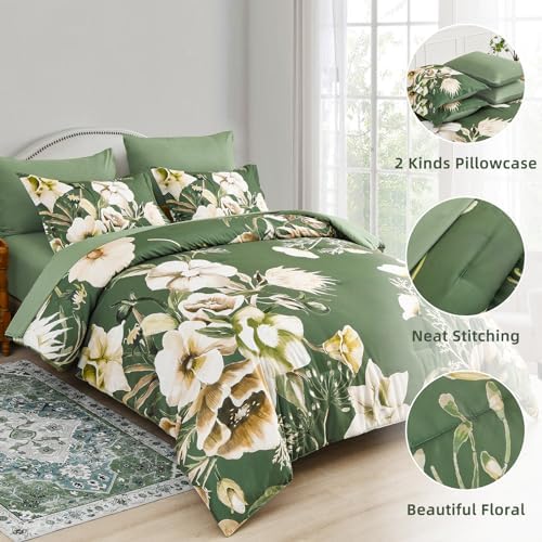 Luxudecor Floral Comforter Set Queen Size 7 Piece, Olive Green Flower Bed in a Bag, Elegant Comforter Bedding Set for All Season (Olive Green, 90"x90")