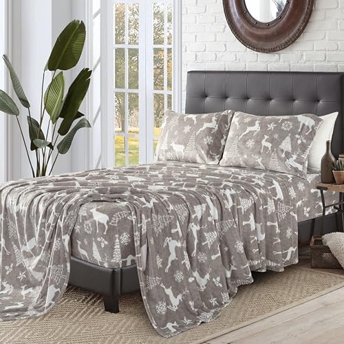 Elegant Comfort Luxuriously Soft 4-Piece Holiday Velvet Plush Flannel Sheet Set - Premium Quality - Cozy Warm, Christmas Fuzzy Velvet Flannel Fleece Deep Pocket Sheet Set - Cal King, Silver Reindeer