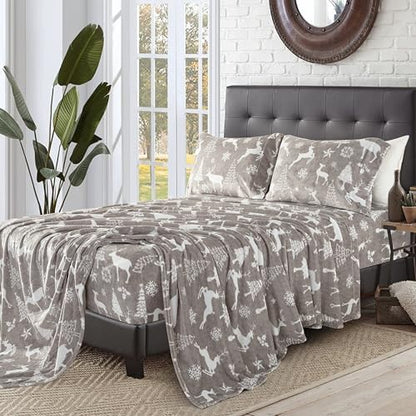 Elegant Comfort Luxuriously Soft 4-Piece Holiday Velvet Plush Flannel Sheet Set - Premium Quality - Cozy Warm, Christmas Fuzzy Velvet Flannel Fleece Deep Pocket Sheet Set - Twin, Silver Reindeer