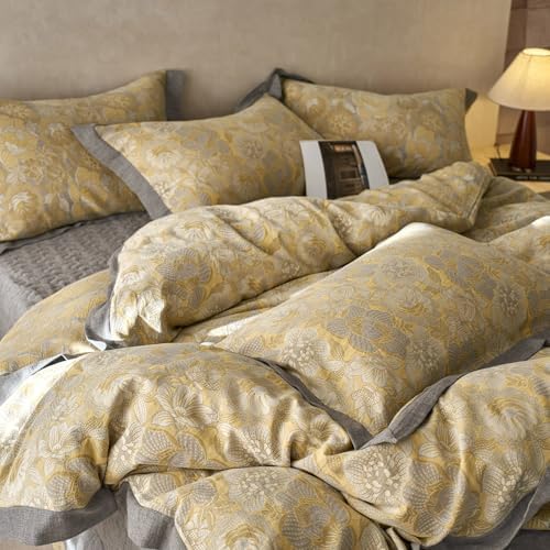 VM VOUGEMARKET Jacquard Floral Duvet Cover Set King,Yarn-Dyed Cotton Yellow Gold Flower Duvet Cover Bordered,Vintage Garden Style Bedding Set King