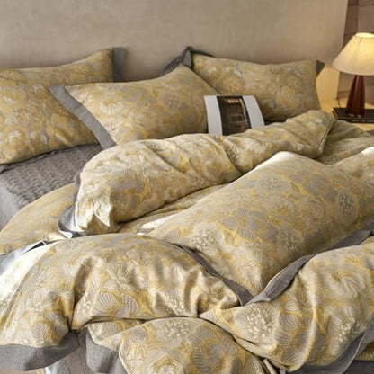VM VOUGEMARKET Jacquard Floral Duvet Cover Set King,Yarn-Dyed Cotton Yellow Gold Flower Duvet Cover Bordered,Vintage Garden Style Bedding Set King