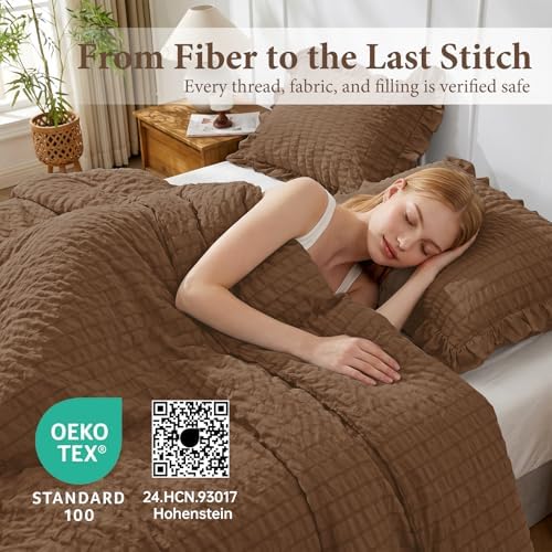 JOLLYVOGUE Oak Brown Twin/Twin XL Comforter Set, 2 Pieces Seersucker Lightweight Fluffy Bedding Set, Twin Ruffle Comforter, All Season Soft Microfiber Shabby Chic Bed Set