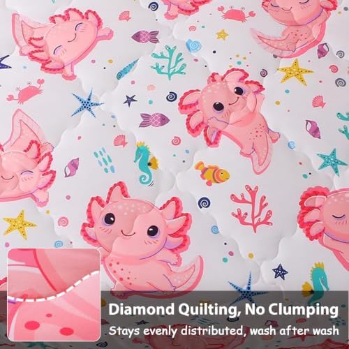 Girls Pink 7 Piece Axolotl Comforter Set for Kids Twin Size Kawaii Axolotl Bedding for Teen 3D Animals Colorful Bed Set (Comforter,Flat Sheet,Fitted Sheet and Pillow Sham)