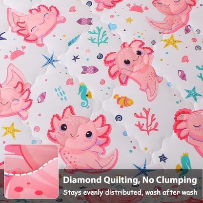 Girls Pink 7 Piece Axolotl Comforter Set for Kids Twin Size Kawaii Axolotl Bedding for Teen 3D Animals Colorful Bed Set (Comforter,Flat Sheet,Fitted Sheet and Pillow Sham)