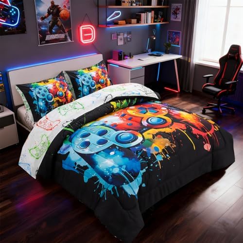 Full Size Comforter Set for Boys, 5 Pieces Graffiti Gamer Bedding Set