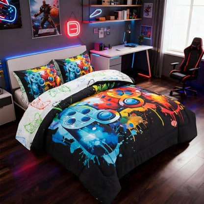 Full Size Comforter Set for Boys, 5 Pieces Graffiti Gamer Bedding Set