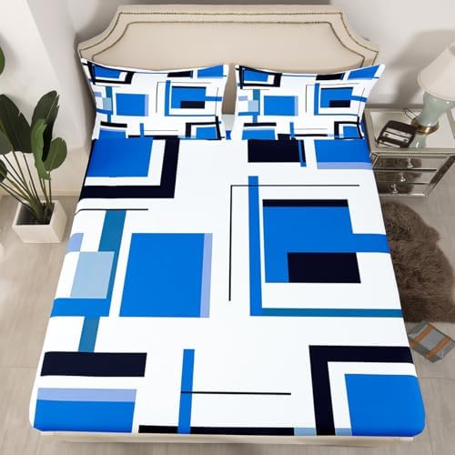 Feelyou Square Bed Sheets Blue Black White Sheet Set for Kids Boys Girls Modern Geometric Grid Bed Set Simple Graphic Decor Sheets with 2 Pillowcases 4Pcs Bedding Full