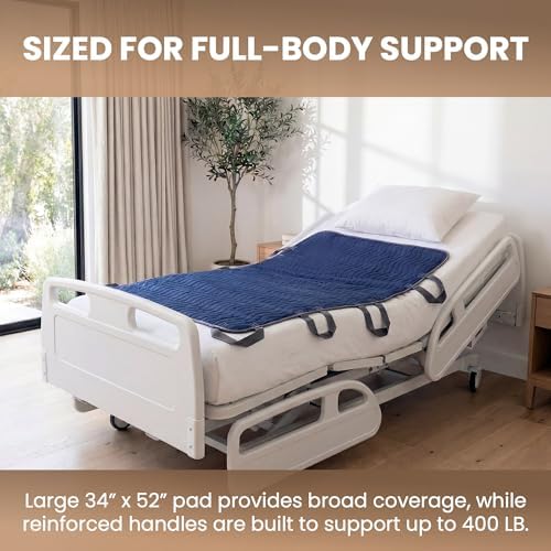 Washable Positioning Bed Pad with 8 Reinforced Handles – 34"x52" Waterproof, Quick-Dry, Absorbent Underpad for Elderly Care, Turning, Lifting & Incontinence Protection (Navy, 34"X52")