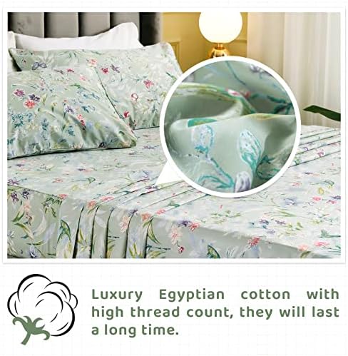 QSH 100% Cotton Sheets for Split King Size Bed, Pattern Botanical Luxury Cotton Printed Floral Bedding Sheets Soft and Breathable 5pcs Deep Pocket Queen Sheet Set
