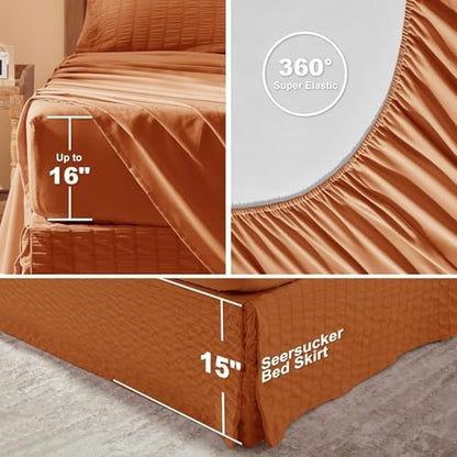 Laojin Balhen King Size Comforter Set 7 Pieces, Burnt Orange Seersucker Bed in a Bag Set King Size, All Season Luxury Bedding Sets with Comforter, Sheets, Pillowcase & Sham