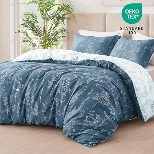 Love's cabin Bluish Grey Comforter Set Queen - Queen Size Comforter Set, 3 Pieces Cute Floral Bedding Sets for All Seasons,1 Soft Reversible Botanical Flowers Comforter and 2 Pillow Shams