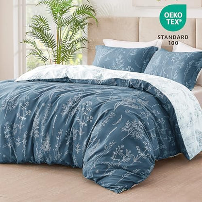 Love's cabin Bluish Grey Comforter Set Queen - Queen Size Comforter Set, 3 Pieces Cute Floral Bedding Sets for All Seasons,1 Soft Reversible Botanical Flowers Comforter and 2 Pillow Shams