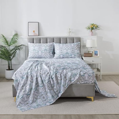 FADFAY Blue Paisley Sheets Set Twin XL Boho Paisley College Bedding Luxurious Bohemian Damask Paisley Dorm Bedding 100% Egyptian Cotton 800 Thread Count Deep Pocket Fitted Sheet 4Pcs, Twin XL Size