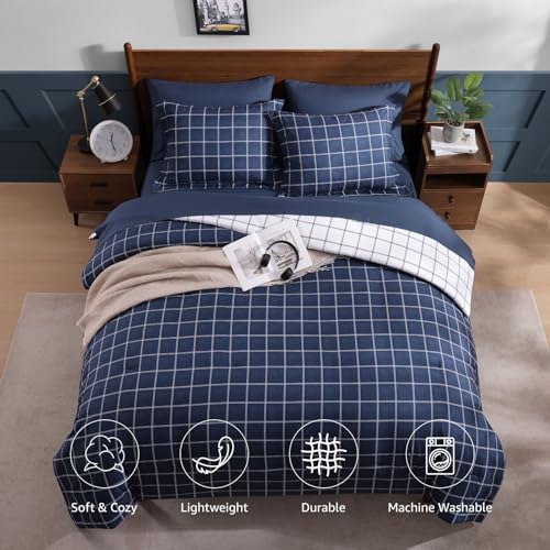 Plaid Twin XL Comforter Set Dark Blue 5 Pieces College Dorm Bed in a Bag