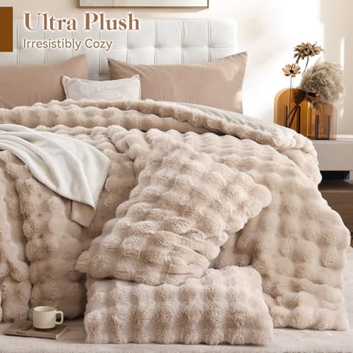 YIKUSH King Faux Fur Soft Comforter Set, Fluffy Linen Rabbit Fur Comforter