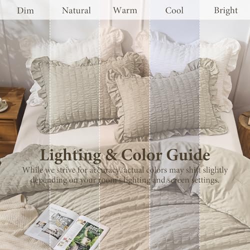 JOLLYVOGUE Full Size Comforter, 3 Pieces Oatmeal Seersucker Lightweight Full Size Bedding, All Season Fluffy Microfiber Bedding Comforter Set with 1 Ruffle Comforter and 2 Ruffle Pillowshams