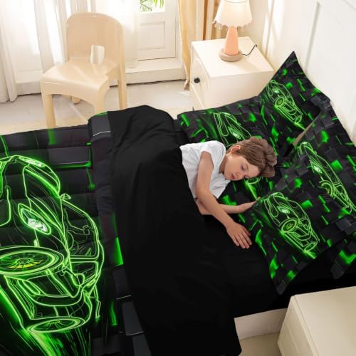 Feelyou Green Race Car Comforter Set King Size 7 Pieces Breathable Soft