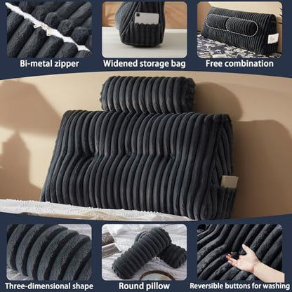 Rycwola Faux Fur Headboard Pillow with 1 Pack Neck Roll Pillow Large Headboard Pillow Soft and Supportive with Removable Cover (Grey, Twin)