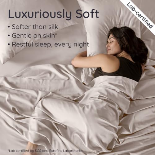 Bambaw 100% Viscose Derived from Bamboo Sheets Full Size Set – 4pcs Cooling Sheets Full Size, Perfect for Hot Sleepers, Luxury & Buttery Soft Sheet Set, with Elastic Corner Straps (Sand)