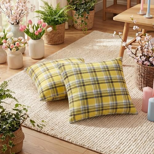 AVOIN colorlife Spring Summer Brown Yellow Plaid Decorative Throw Pillow Covers, 18 x 18 Inch Holiday Scottish Tartan Cushion Case Farmhouse Decoration for Sofa Couch Set of 2
