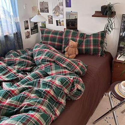 mixinni Vintage Green Buffalo Plaid Washed Cotton Duvet Cover King - Soft Breathable Textured Bedding Set with Zipper Closure for All Seasons-1 Duvet Cover + 2 Pillow Shams-King Size