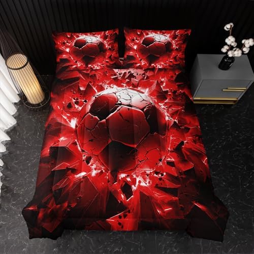 Nttopship Soccer Bedding Comforter Set Queen Size for Kids Teens and Adults, Red and Black Football Printed Bedding Sets 3 PCS,Ball Sports Themed Bedroom Decor with 1 Comforter and 2 Pillowcases