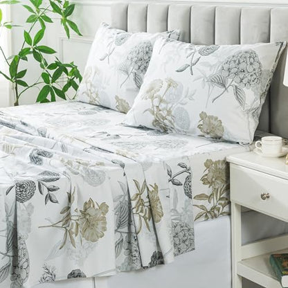 FADFAY Twin XL Floral Sheets for College Percale Cotton Ink Grey Floral Sheets Hydrangea Patterned Bed Sheet Shabby Vintage Chic Bedding Dorm Room Soft Crisp & Cool Deep Pocket Fitted Sheet, 4Pc