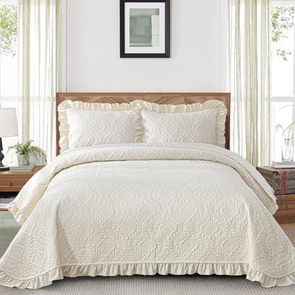 DJY Quilts Queen Size, Ruffled Reversible Bedding Set, Beige