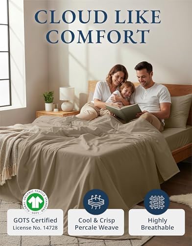 LANE LINEN Eco Friendly 100% Organic Cotton Sheets Queen Size, Naturally Cooling Percale Weave, Soft & Comfy Long Staple Mercerized Machine Wash Low Pill Fade Resistant Bed Sheets Queen Taupe