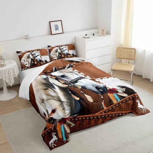 Cow Print Bedding Set - King Size, 3 Pcs - Brown Cowhide, Rustic Feather, Western Horse Galloping Style, Duvet Insert, White Horse Quilt
