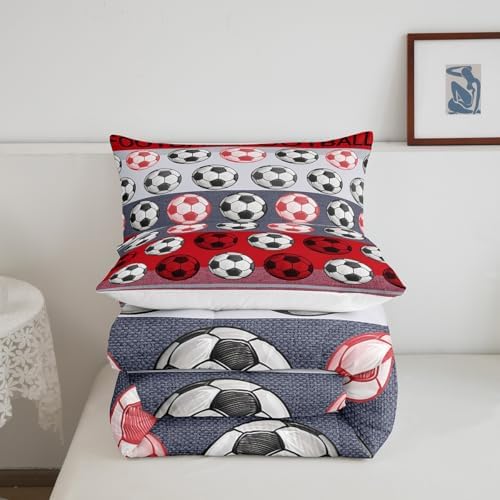 Homewish Soccer Pattern King Size Comforter Set,Kids Red Gray Stripe Decor All Season Bedding Set,Teens Soccer Sports Comforter,Sport Gaming Decor Quilt Set Bedroom Collection 3Pcs