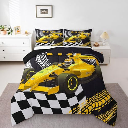 Go Kart Toddler Race Car Bed for Boys,Black and White Checked Plaid Drift Kart Queen Comforter Set Toddler Bedding Sets for Boys,Square Grid Lattice Quilt,Yellow Karting Extreme Sport Duvet Insert