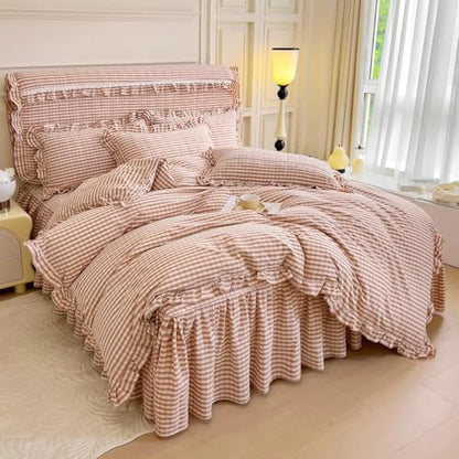 LifeTB Pink Gingham Comforter Set King 3 Pieces Ruffle Pink Plaid Comforter Set Fluffy Soft Grid Bedding Set Vintage Checkered Comforter with 2 Pillowcases Farmhouse Gingham Plaid Bedding Set King