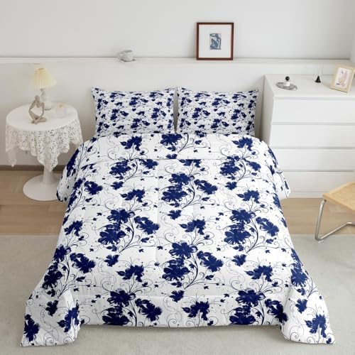 jejeloiu Blue Flower Comforter Set Toddler Size Kids Floral Bedding Set for Boys Girls Teens Botanical Duvet Breathable Minimalist Aesthetics Quilt Bedroom Decor,1 Comforter with 1 Pillowcase