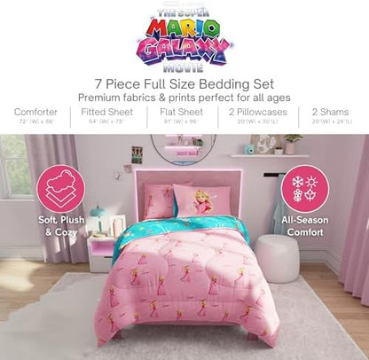 The Super Mario Galaxy Movie Bedding Set, Full Size 7 Piece Set Kids Super Soft Cozy Reversible Comforter and Sheet Set with Sham, Princess Peach (100% Officially Licensed Product) by Franco