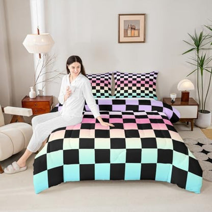Multicolored Checkered Retro Comforter Set Queen Size Geometric Vintage Bedding Set for Kids Boys Girls Gradient Pink Green Duvet Quilt Modern Groovy Aesthetic Bedroom Decor 3 Pcs with 2 Pillow Cases